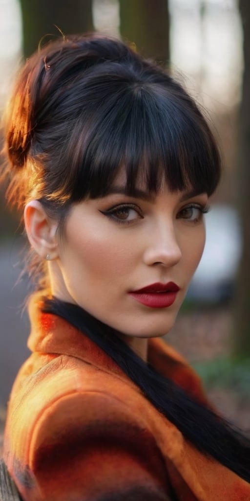 Generate hyper realistic image of a woman with a layered hairstyle in vibrant shades of orange, echoing the warmth of a woodland sunset. Her eyes captivate with intricate multicolored details, and her big red lips, cute nose, and hourglass body add to her allure. Enhanced by black makeup, she sits elegantly on a wooden bench, becoming a muse in the serene beauty of the forest.