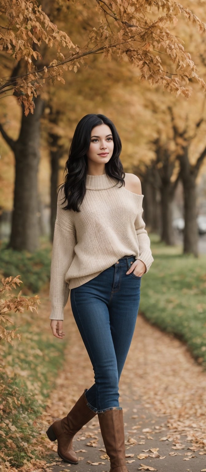 Generate hyper realistic image of a woman standing outdoors, her long black hair cascading over her shoulders. She wears a sweater, long sleeves covering her arms, paired with denim pants and brown boots. Her handbag hangs casually from her shoulder as she walks among autumn leaves, the trees adorned with colorful foliage. With crossed legs and a relaxed stance, she exudes a natural grace and elegance in this picturesque autumn setting.