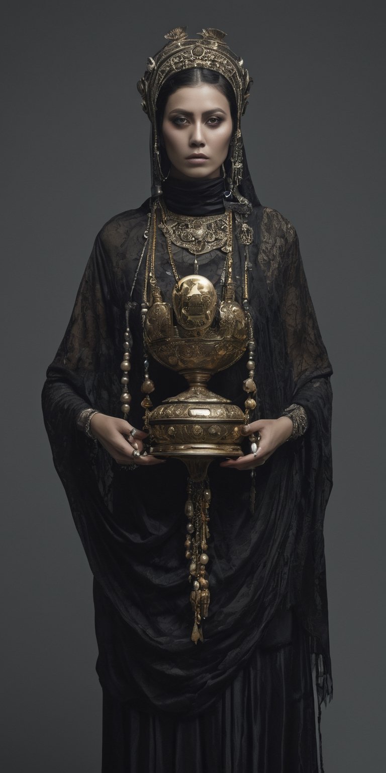 Generate hyper realistic image of a woman adorned with eerie accessories, carrying a vessel that captures the essence of souls, symbolizing her role as a collector of the departed in a grim and supernatural world.