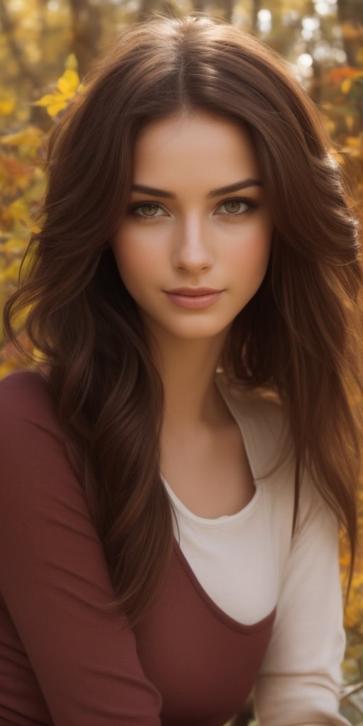 Generate hyper realistic image of a beautiful woman with long, brown hair cascading down, looking directly at the viewer with expressive brown eyes. She wears a long-sleeved top, accentuating her upper body, and her lips curve into a serene smile. In this realistic portrayal, a delicate leaf or plant adds a touch of nature, evoking the tranquil essence of autumn.