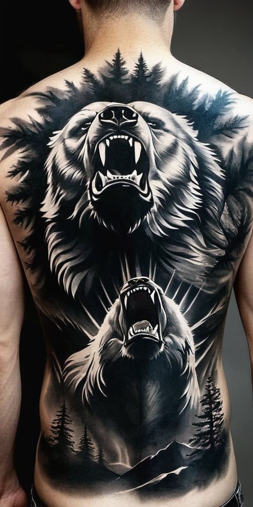 Generate hyper realistic tattoo on a man's back with a fierce grizzly bear, captured in a highly detailed, black-and-white, photorealistic style. The bear's mouth is open in a roar, showing its sharp teeth and the inside of its mouth, which adds to the aggressive and powerful impression. The eyes are intense and focused, conveying a sense of ferocity. The front paw of the bear is raised and extended forward, with long, sharp claws clearly visible. This positioning suggests an attack stance, adding to the action and intensity of the image. The fur of the bear is intricately detailed, with individual strands and varying shades of gray to create depth and realism. The texture of the fur contrasts with the smooth, dark areas of the mouth and nose. The background is abstract and blurry, composed of various shades of gray and white that suggest motion or a natural environment, like a forest.,FuturEvoLabTattoo,Andrew