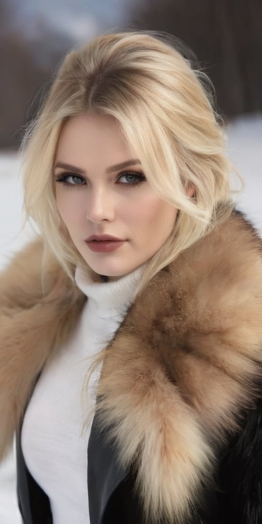 Generate hyper realistic image of a beautiful woman with pure blonde hair elegantly covered by a dark black fur coat accented with brown fur. She stands outdoors in the winter, casting a sideways glance at the viewer with a subtle shyness. Enhanced by smoky makeup, her big blush lips and face add a touch of allure against the crisp winter air, creating an image of timeless beauty in a cold yet enchanting landscape.