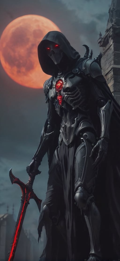  create a Grim reaper standing on top of church roof. he is facing the viewer. he is holding a  bloodyscythe,He is illuminated from back by red moonlight.Terrifying, death. sharp focus, high detailed, 8k, visavle face,,fantasy00d,night_view_background,horror,perfect light,schorror,monster,hallow33n