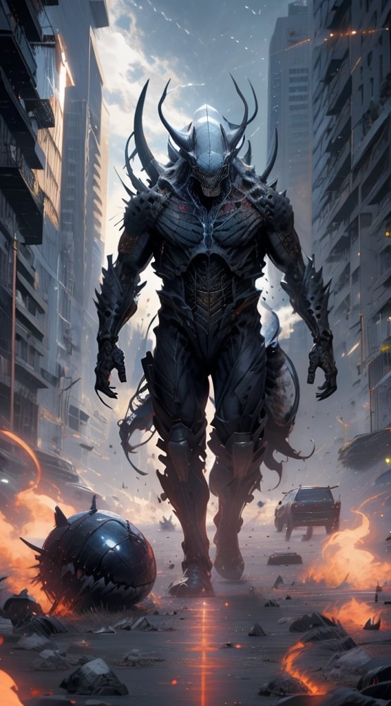 Create a shark humanoid walking on earth, scary looking hybrid, mutant, agressive, human enemy, apocalypse.