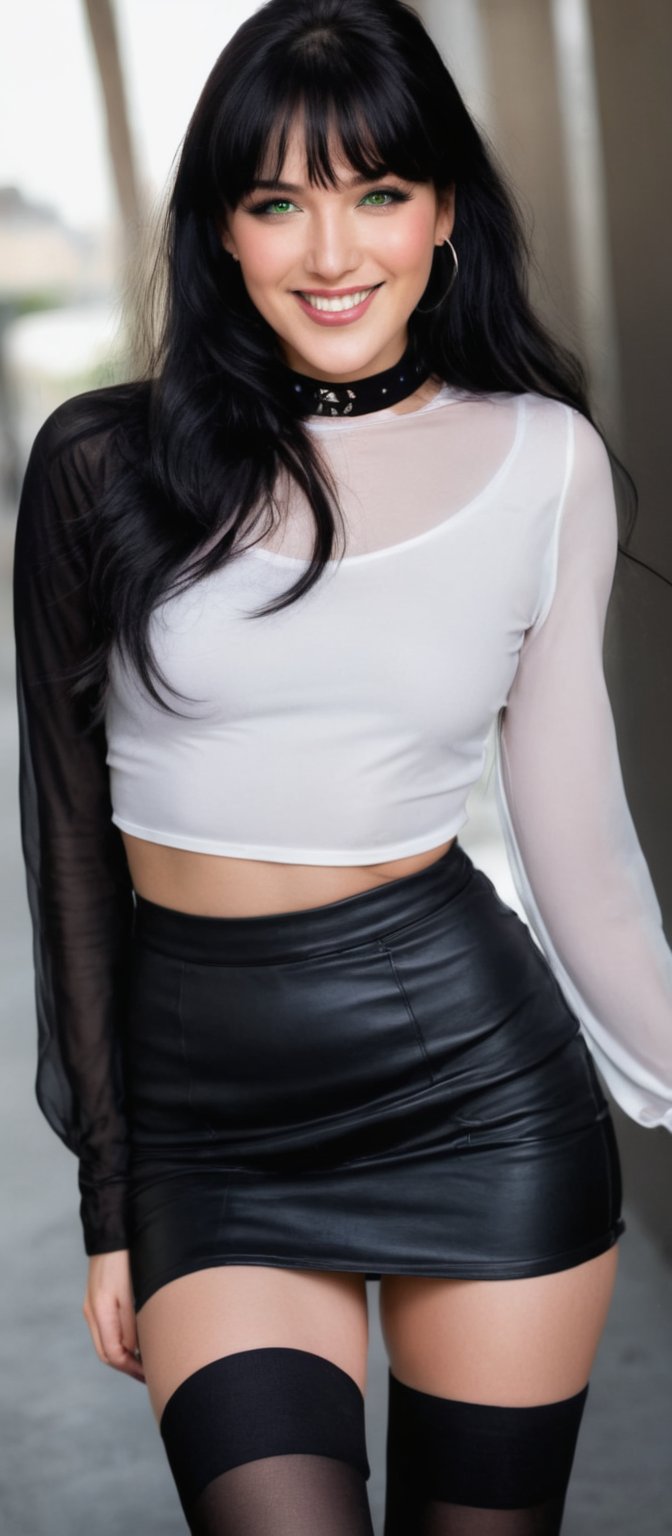 Generate hyper realistic image of a woman with long hair and bangs, gazing at the viewer with green eyes and a closed mouth smile. She is adorned in a white shirt with long sleeves, a black skirt, and a crop top that highlights her midriff. The woman wears thighhighs, earrings, a choker, and a necklace, and she has a bracelet on her wrist. Sitting gracefully with an arm up, she exudes charm with her black hair cascading down. Her attire is stylish, featuring a see-through top and white thighhighs, completing her smilling look.