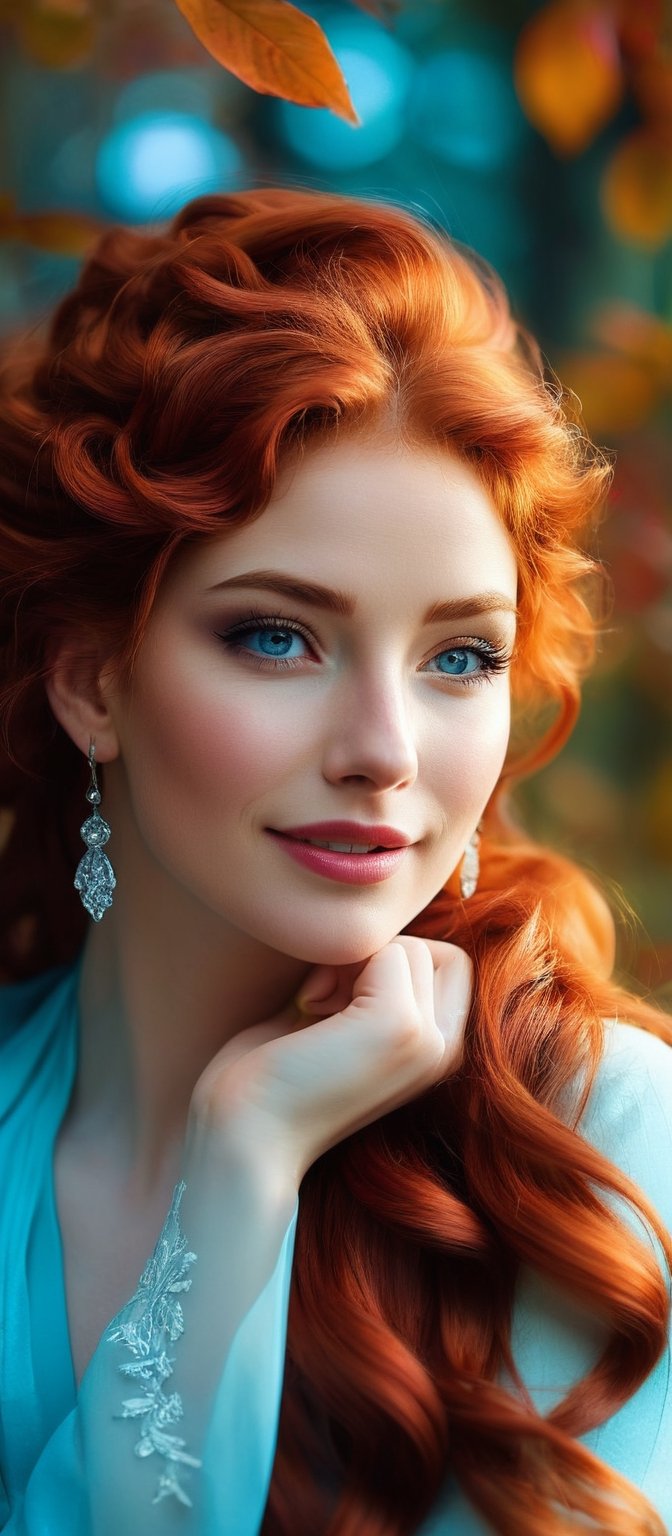 Generate hyper realistic image of a moment frozen in time, where a beguiling woman, her red hair a fiery cascade of curls, shares a knowing smile with the viewer. Her piercing blue eyes twinkle with mischief as she lounges against a backdrop of blurred foliage. Adorned with subtle earrings that catch the light, she embodies a natural beauty, her lips parted in a playful expression, her head tilted in coy invitation, sleeves grazing past her wrists in a relaxed gesture.