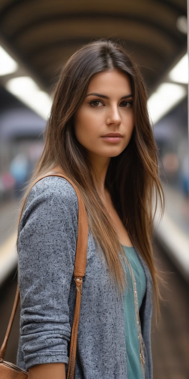  Create a beautiful brunnette women standing in underground train station, near upcoming blurred fast train. high detailed, sharp focus, up close