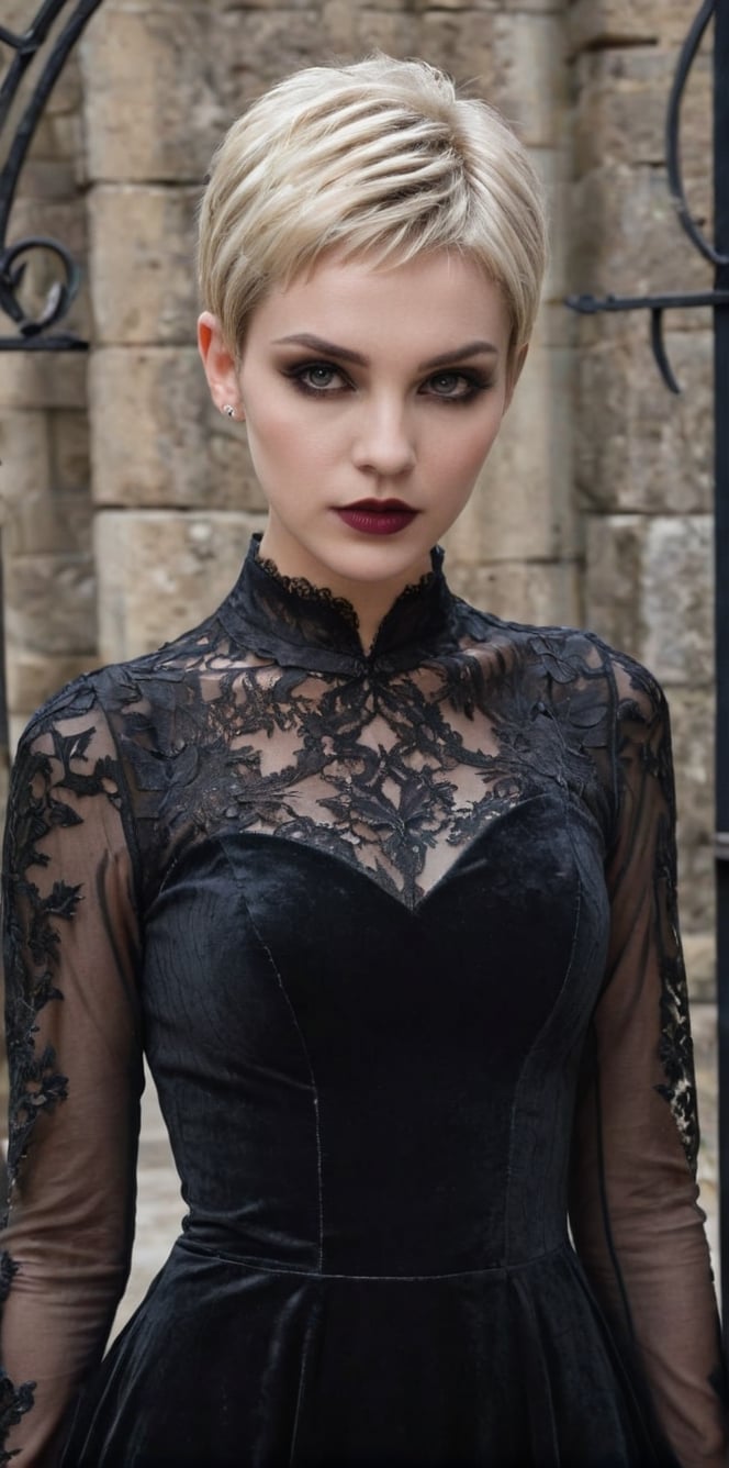 Generate hyper realistic image of a blonde vamp with a pixie cut, gothic makeup, and a dark velvet gown with lace details, playfully haunting a castle courtyard with ancient stone walls and wrought-iron gates.up close