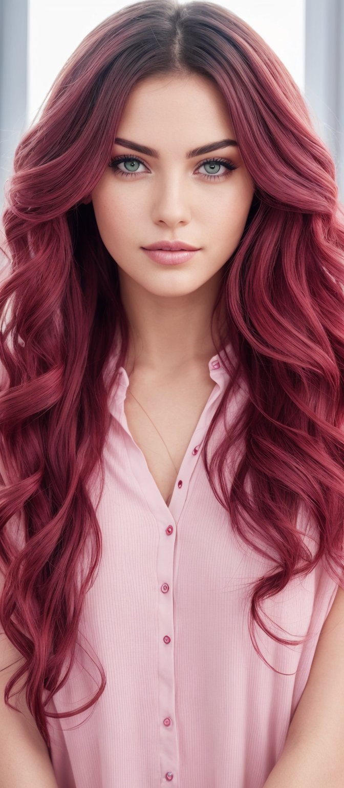 Generate hyper realistic image of a woman with long, flowing, deep red hair that falls in loose waves. The hair is voluminous and catches the light beautifully. Her eyes are highlighted with subtle makeup that enhances their shape. She is dressed in a soft, pastel pink top, which complements her hair color. the woman is posing with a fresh strawberry held delicately near her lips. Her head is tilted slightly, and her gaze is directed towards the camera. The background is softly lit, with light coming from one side of the window, creating a warm and cozy ambiance.