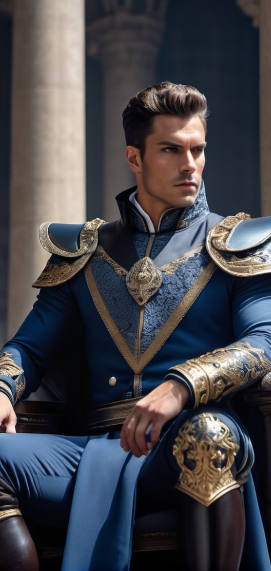 create a beautiful dark age king, fierce, dominating,elegant, intelegent, short hair, athletic, dark hair, royal outfit, blue eys, tall, sitting in his throne, looking down on the viewer.,detailmaster2,male