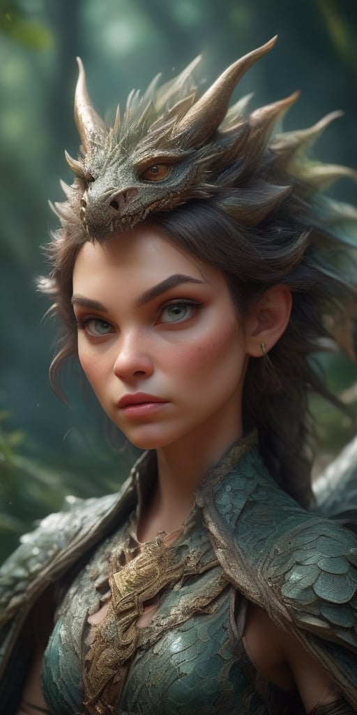 Generate hyper realistic image of a dragon-inspired huntress, adorned with intricate scales and a dragon tail, wielding a formidable weapon. The scene could be set in a mystical forest with hints of dragon presence.up close, portrait,<lora:659095807385103906:1.0>