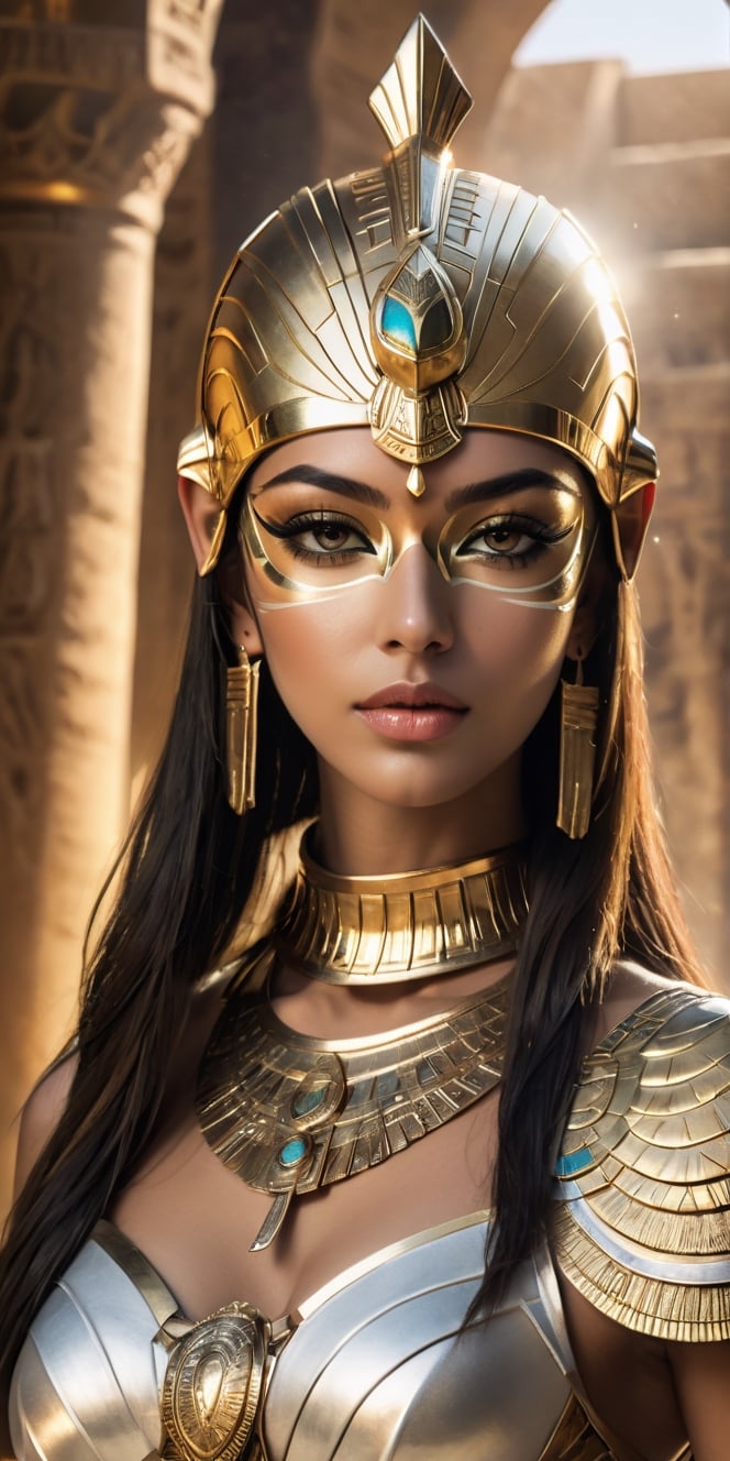 create a hyper realistic image of beautiful woman wearing  golden egyptian mask and attire, stunning and elegant, lost arc, up close , 8k, high detailed, sharp focus.,Extremely Realistic,Movie Still,Stylish,Man,Portrait,more detail XL,Sci-fi 