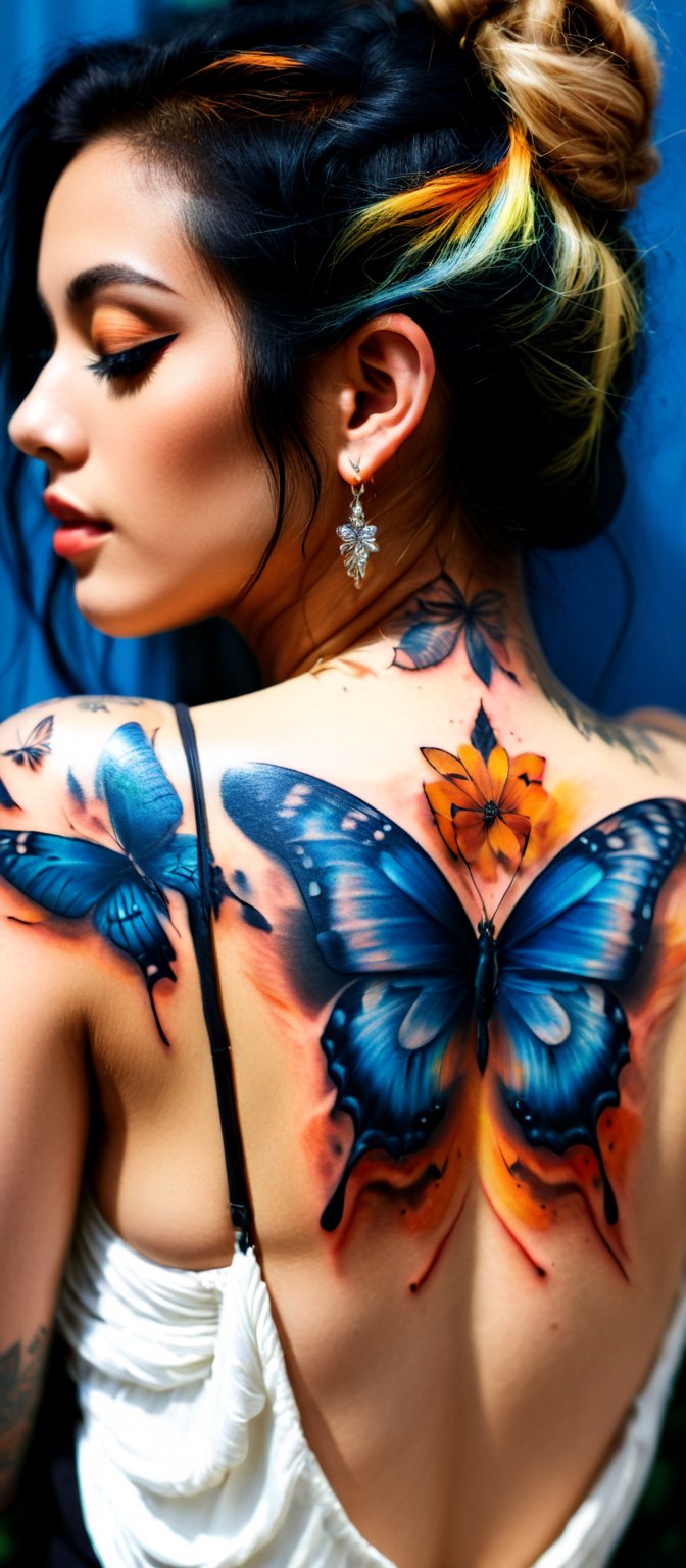 Generate hyper realistic image of  woman with a beautiful and intricate butterfly tattoo on her back. he woman is shown in profile, with her back turned towards the viewer. Her head is slightly turned to the side, giving a glimpse of her serene and thoughtful expression. Her eyes are blue. Her hair is styled in a loose, elegant updo, with a few strands softly framing her face. The hair has a luminous quality, reflecting the light in the scene. vibrant butterfly tattoo covers her upper back and shoulders. The tattoo is rendered in vivid blues and blacks, creating a dramatic contrast against her skin. Surrounding the large butterfly are smaller, glowing butterflies in shades of orange and yellow.