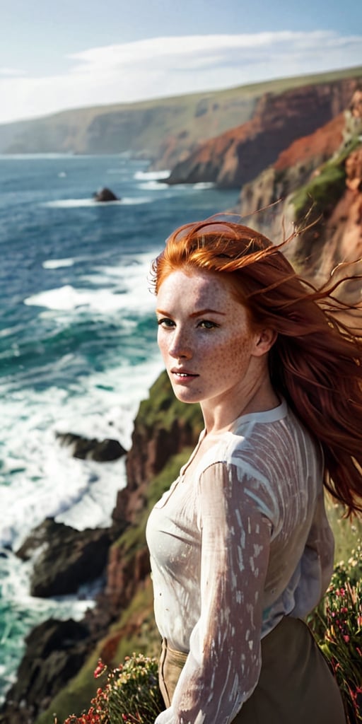 Generate hyper realistic image of a woman with a windswept mane of fiery red hair, her freckled shoulders exposed as she stands on a cliffside overlooking a rugged coastline, the crashing waves below creating a symphony of sound.