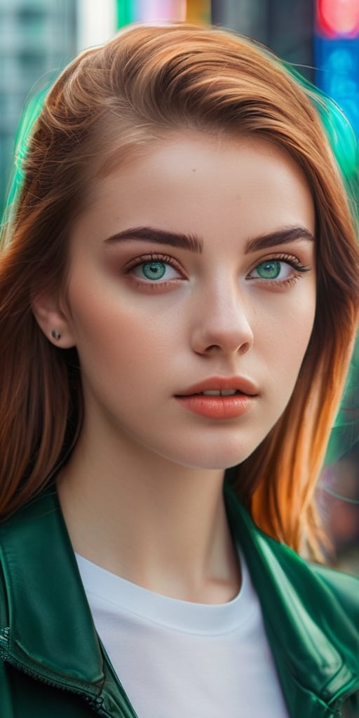 Generate hyper realistic image of a distinctive 18-year-old woman with striking heterochromia, one eye a rich amber hue and the other a deep emerald green, standing amidst a futuristic urban landscape with holographic billboards and sleek architecture.Extremely Realistic, up close, 