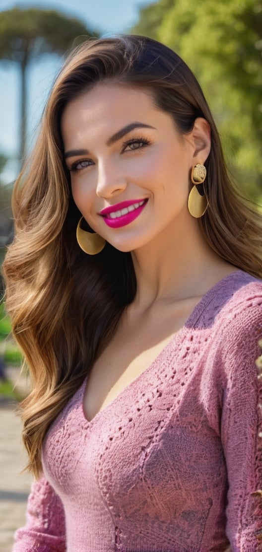 Create a beautiful spanish women, hourglass body shape, Brunette, pink lips, blue eyes, red knitted shirt, golden earrings,happy, smiling, background of amusment park.photo r3al,detailmaster2,aesthetic portrait