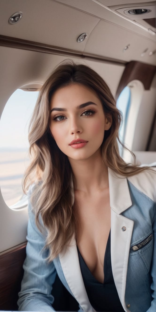  Create a realistic photo of beautiful woman siiting in private jet.enjoying the view through airplaine window.Long light brown hair, messy and stylish hair. brown eyes, long lashes , big puff lips, pink lips, dark make up, ralexed expression. wearing white  t-shir and blue denim jacket.up close.