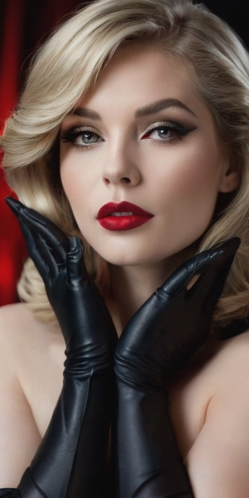 Generate hyper realistic image of a dark blonde, beautiful woman exuding ethereal elegance. She rests her head gracefully, adorned with long black gloves that add a touch of sophistication. Her captivating smokey makeup accentuates her features, with big red lips making a bold statement. Set in dim lights, this scene captures a moment of timeless beauty and allure.