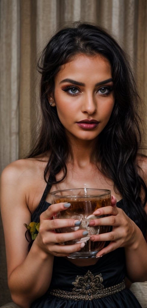 beautiful egyptian women drinking water in oasis, tanned skin, long black curly hair, dark make up, egyptian nomad dress, bare foor, hair cover, blue eyes, attractive,    ,.,perfecteyes,AdaWongRE