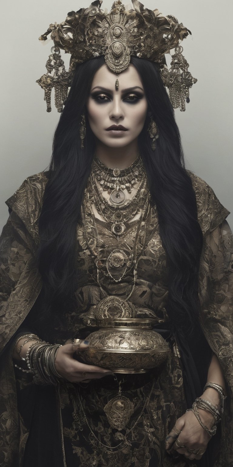 Generate hyper realistic image of a woman adorned with eerie accessories, carrying a vessel that captures the essence of souls, symbolizing her role as a collector of the departed in a grim and supernatural world.