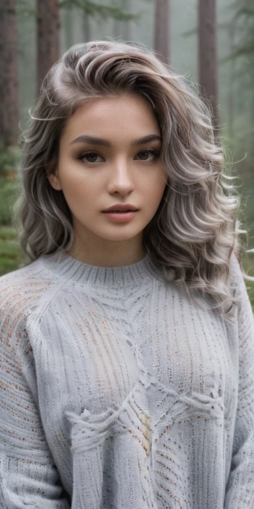 Generate hyper realistic image of a woman with silver-gray mermaid waves, donning a cozy oversized sweater, posing against a misty forest backdrop, creating an enchanting and ethereal scene in a portrait photography style.highly detailed, sharp focus.8k,photography style, ,more detail XL,Extremely Realistic,aesthetic portrait,Sexy