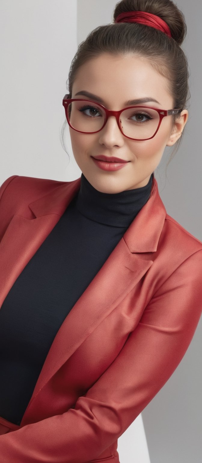 Generate hyper realistic image of a stunning woman with an enviable hourglass figure, dressed in a sleek red jacket and long sleeves, captivates viewers with her radiant smile. Her long hair is tied back into a chic ponytail, accentuating her alluring gaze behind round red-tinted eyewear. With one eye closed in a playful wink, she adds an extra touch of charm, while her necklace glistens delicately against her neckline, enhancing her magnetic presence.