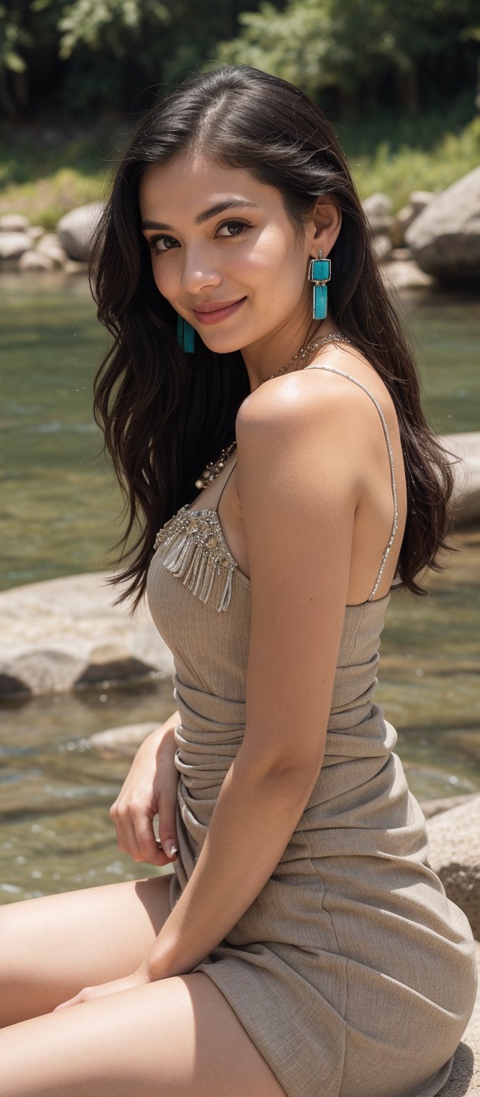 Generate hyper realistic image of a woman with long, flowing black hair that cascades down her back. Her hair is shiny and well-maintained. She has expressive eyes with a friendly and inviting look, enhanced by her natural makeup. She is wearing a beige dress with intricate details and embellishments. The dress has a low-cut neckline adorned with delicate trim and fringe, and it fits snugly around her waist before flowing out. She wears a striking turquoise necklace and matching earrings. She is seated by a serene riverside, her body slightly turned to the side. One hand rests on her knee while the other is gently touching the ground. Her expression is warm and approachable, with a bright smile that lights up her face.