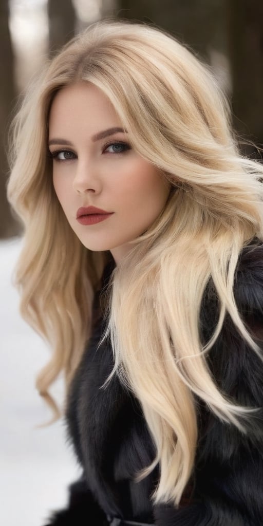 Generate hyper realistic image of a beautiful woman with pure blonde hair elegantly covered by a dark black fur coat accented with brown fur. She stands outdoors in the winter, casting a sideways glance at the viewer with a subtle shyness. Enhanced by smoky makeup, her big blush lips and face add a touch of allure against the crisp winter air, creating an image of timeless beauty in a cold yet enchanting landscape.