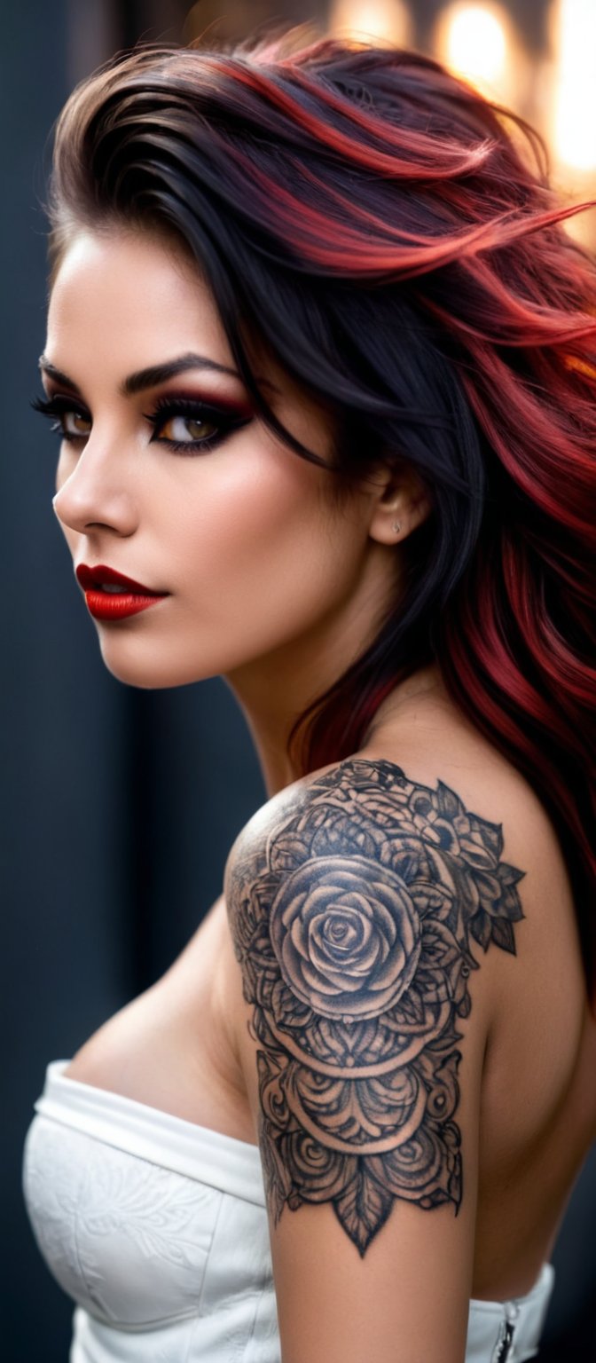 Generate hyper realistic image of a woman with a striking appearance. The woman is turned slightly to the side, giving a profile view that highlights the intricate details of her tattoo. Her expression is neutral, yet there is a hint of intensity in her gaze. Her hair is styled in a modern way, with a mix of black and red strands. The hair is tousled and has a slight windblown effect.  Her eyes are accentuated with dark eyeliner and eyeshadow, while her lips have a natural, glossy look. he is dressed in a strapless outfit, revealing her shoulders and the upper part of her chest. The outfit is made of a sleek, leather material. Her tattoo covers her shoulder and extends down her arm. The tattoo is a detailed and intricate demon design. The background is dark, with a focus on the woman illuminated by soft lighting. This lighting highlights the details of her tattoo and her facial features.