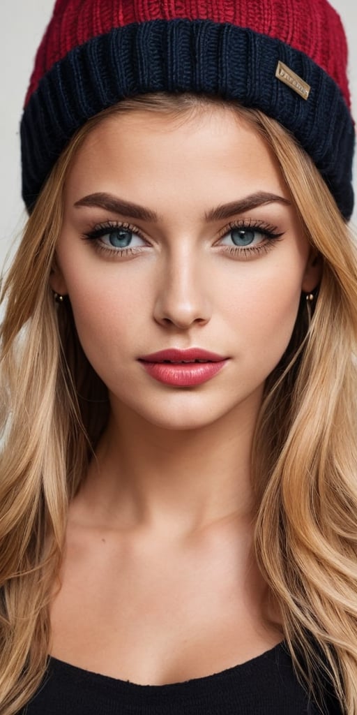 Generate hyper realistic image of  a cosmopolitan beauty with blue eyes and flowing blonde hair, enhanced by a fashionable beanie. She wears elegant jewelry, including statement earrings that catch the light. Parted lips reveal a glimpse of her radiant teeth, framed by long eyelashes and expertly applied makeup. A pop of red lipstick adds sophistication to her portrait, capturing the essence of cosmopolitan charm in this realistic depiction.
