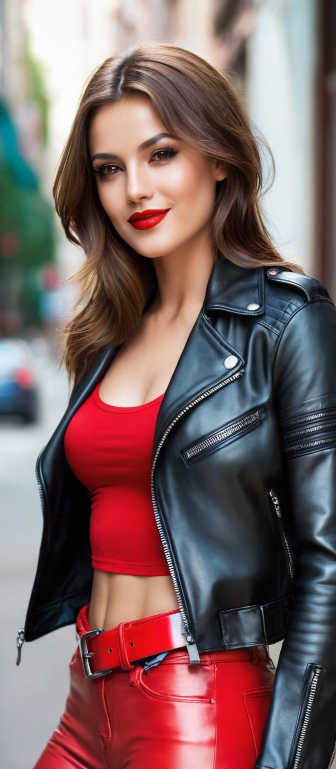 Generate hyper realistic image of a woman with long, brown hair and brown eyes, gazing directly at the viewer. She is dressed in a cropped biker jacket with a zipper, showcasing her midriff and slim waist. Her medium breasts are subtly highlighted by the crop top she is wearing. A red belt cinches her leather pants, adding a pop of color. With red lips and a bright smile, she exudes charm and radiates a magical aura.