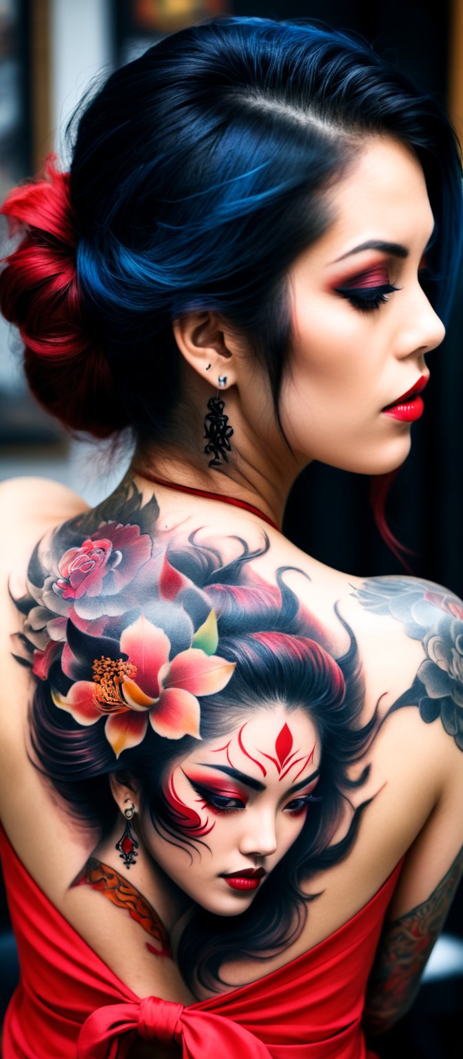 Generate hyper realistic image of a woman with an intricate and vibrant full-back tattoo. The woman is shown from behind, seated and leaning slightly to one side, allowing a clear view of her entire back. Her hair is straight and dark, falling around her shoulders. The tattoo covers her entire back. The central feature of the tattoo is a large Hannya mask. The mask has a fierce, angry expression with sharp teeth, depicted in vivid red and contrasting dark shades. The tattoo features rich, deep colors with intricate shading. he woman's hair is straight and dark, and it frames the tattoo. 