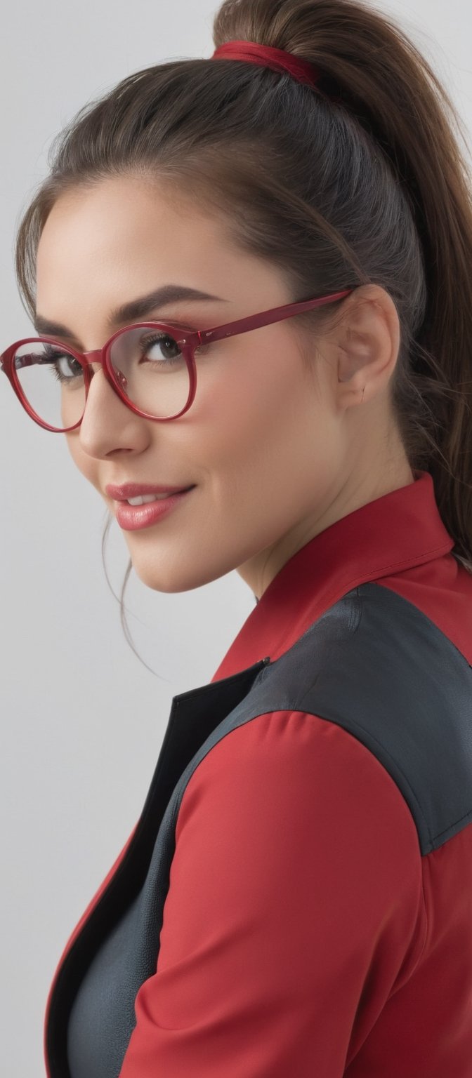 Generate hyper realistic image of a stunning woman with an enviable hourglass figure, dressed in a sleek red jacket and long sleeves, captivates viewers with her radiant smile. Her long hair is tied back into a chic ponytail, accentuating her alluring gaze behind round red-tinted eyewear. With one eye closed in a playful wink, she adds an extra touch of charm, while her necklace glistens delicately against her neckline, enhancing her magnetic presence.