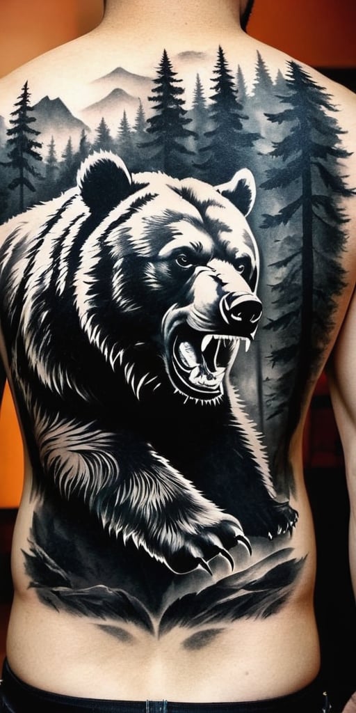 Generate hyper realistic tattoo on a man's back with a fierce grizzly bear, captured in a highly detailed, black-and-white, photorealistic style. The bear's mouth is open in a roar, showing its sharp teeth and the inside of its mouth, which adds to the aggressive and powerful impression. The eyes are intense and focused, conveying a sense of ferocity. The front paw of the bear is raised and extended forward, with long, sharp claws clearly visible. This positioning suggests an attack stance, adding to the action and intensity of the image. The fur of the bear is intricately detailed, with individual strands and varying shades of gray to create depth and realism. The texture of the fur contrasts with the smooth, dark areas of the mouth and nose. The background is abstract and blurry, composed of various shades of gray and white that suggest motion or a natural environment, like a forest.,FuturEvoLabTattoo,Andrew