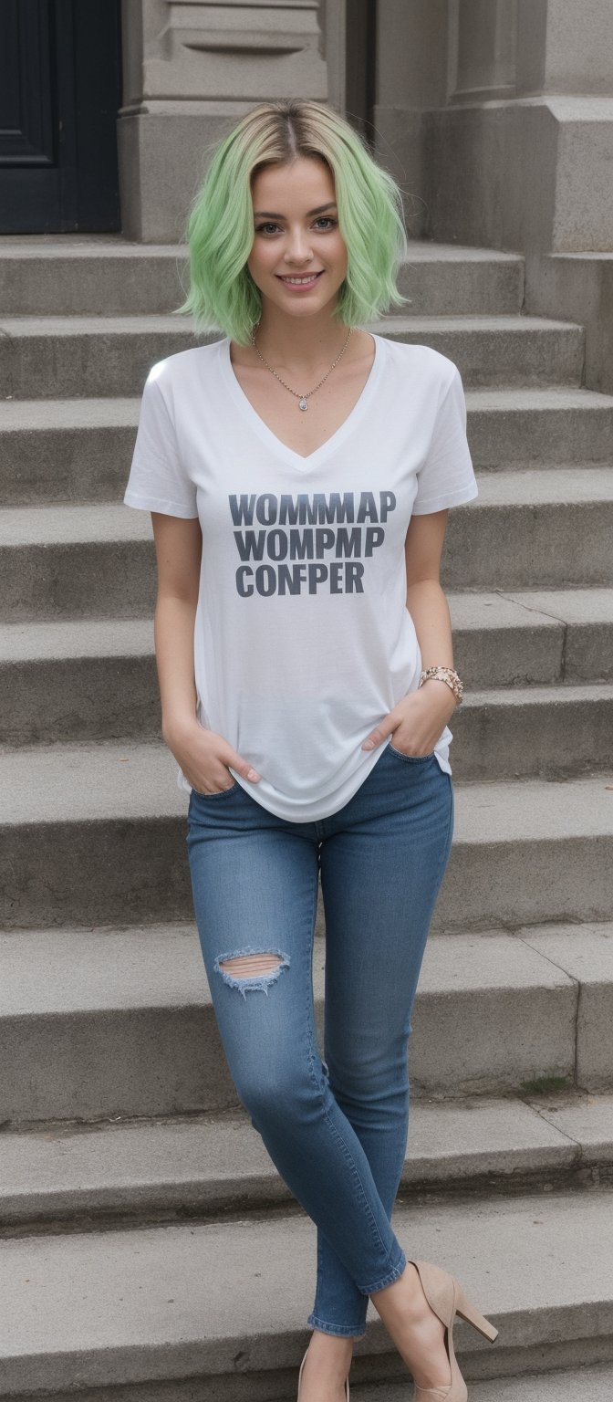 Generate hyper realistic image of a woman standing confidently on a set of stairs, looking directly at the viewer with a friendly smile. She is wearing a short-sleeved gray t-shirt with "womp womp" written in white on the front. Her hair is dyed a vibrant light green, cut short to frame her face. She accessorizes with a simple black necklace around her neck. The woman is wearing blue jeans that have been fashionably cut off at the bottom, paired with eye-catching blue high-heeled boots.