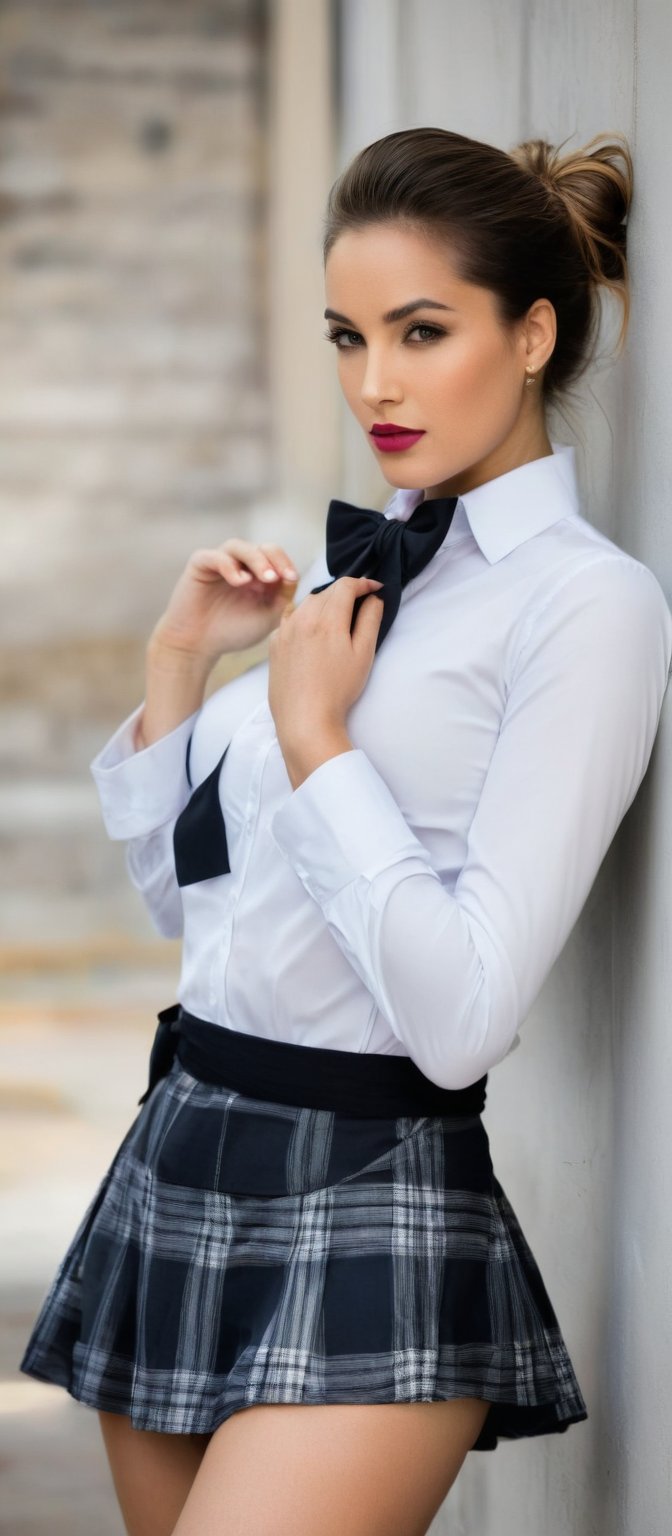 Generate hyper realistic image of a woman looking directly at the viewer, her lips curved into a soft, inviting smile. She has large breasts and stands in a seductive pose, showcasing her confidence. The medium-sized woman is positioned in front of a simple wall, creating a sense of intimacy. She is dressed in a plaid skirt that reaches her knees, paired with a white button-down shirt that fits snugly, and a black bow tie tied neatly around her neck. Her hair is styled in a sleek ponytail. Her left hand is wrapped around her waist.,hinaigirl