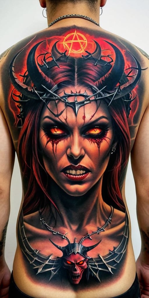 Generate hyper realistic tattoo on a man's back with a demonic woman with distinct features. She has two large, curved horns protruding from her head, which are textured and detailed. Her expression is one of defiance and aggression. She has red glowing eyes closed, her mouth open, and her tongue sticking out, revealing sharp, fang-like teeth. There is a symbol of pentagram on her forehead, adding to the demonic appearance. Surrounding her head is a circular, barbed wire-like crown of thorns. This crown adds a gothic undertone. 