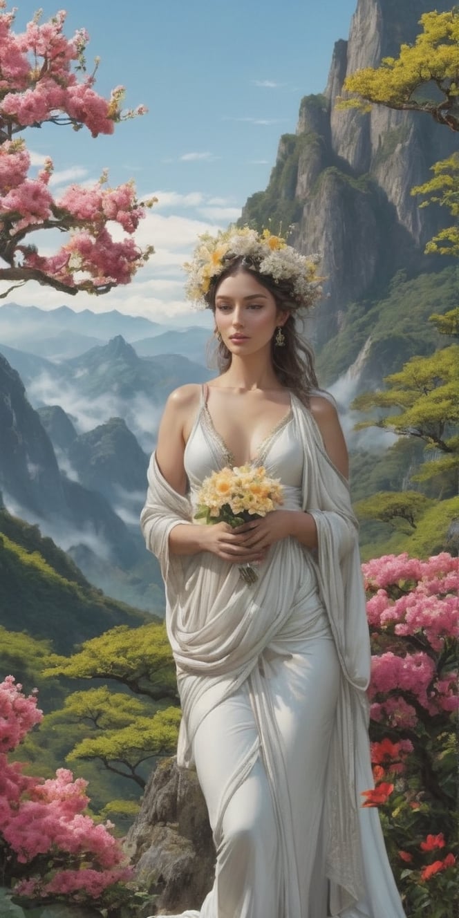 Generate hyper realistic image of a nurturing goddess intertwined with the natural world, adorned with blooming flowers, lush forests, and craggy mountains, symbolizing the grounding and life-giving essence of earth.