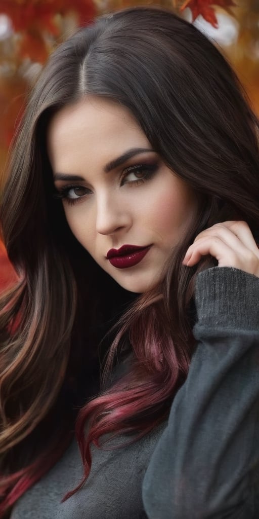 Generate hyper realistic image of a beautiful woman with lustrous chocolate brown hair cascading down to her waist. She wears a dark black sweater, and her long hair partially frames her face as she looks directly at the viewer. Adorned in gothic makeup with big dark red lips and a pale face, she stands outside in the crisp autumn air. With a confident smile, she emanates an enchanting gothic charm amid the fall foliage.