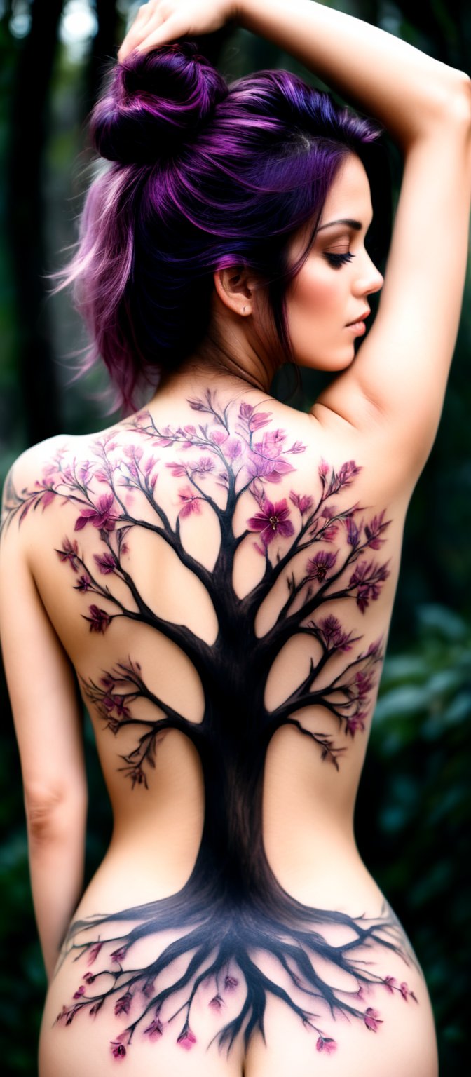 Generate hyper realistic image of a woman with an intricate and vibrant full-back tattoo. The woman is shown from behind, standing, allowing a clear view of her entire back. Her hair is straight and purple, falling around her shoulders. The tattoo covers her entire back. The central feature of the tattoo is a tree trunk and branches are intricately detailed with rich, dark brown shades. The branches extend gracefully across the skin, spreading out in an organic and natural pattern. The flowers are depicted in various shades of pink, from deep magenta to soft pastel hues. Each blossom is carefully crafted, with delicate petals and subtle shading. urrounding the tree and blossoms are scattered petals and leaves.