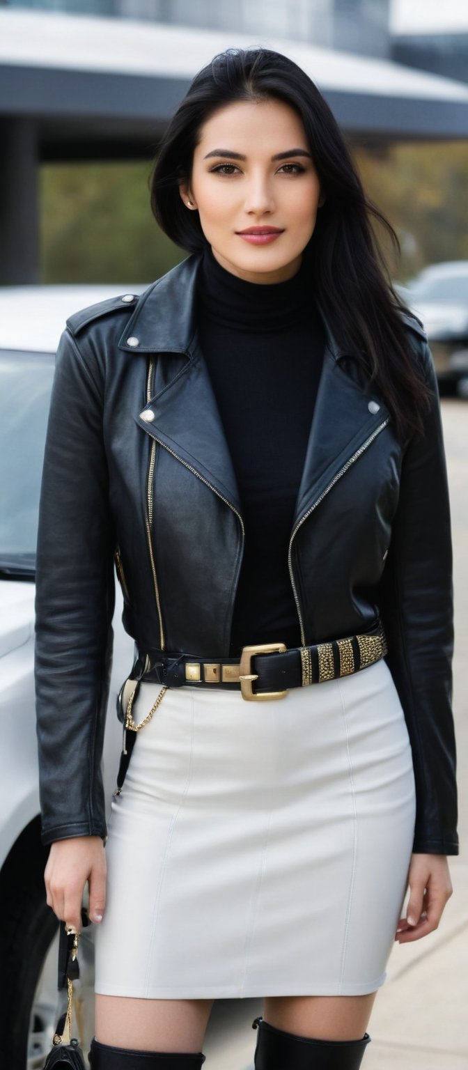 Generate hyper realistic image of a beautiful woman standing in front of a car, looking at the viewer with a confident smile. She is dressed in a black leather jacket, white turtleneck, and a white skirt with a black belt. Her long, dark hair frames her face, and her black boots and purse with a gold buckle enhance her appearance. The background is blurred, and the car is parked on the side of the road, making her the center of attention in the scene.