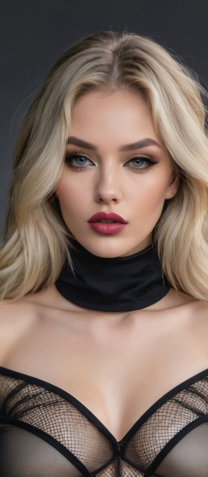 Generate hyper realistic image of a woman with long, blonde hair, standing gracefully, her gaze fixed upon the viewer. Her lips, slightly parted, exude a subtle allure as she wears a black choker and an off-shoulder hoodie, revealing her delicate collarbone. Her grey eyes, framed by natural big lips, emanate a soft warmth. Clad in oversized clothes and fishnet thigh-highs, she exudes a unique charm with a heart choker accentuating her neckline.