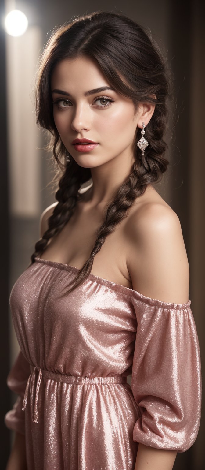 Generate hyper realistic image of a stunning woman with mesmerizing brown eyes, her red, long hair styled in a loose braid. She wears an off-shoulder dress that accentuates her beauty, complemented by shimmering earrings that catch the light as she looks playfully at the viewer, her lips adorned with a hint of rose-colored lipstick.
