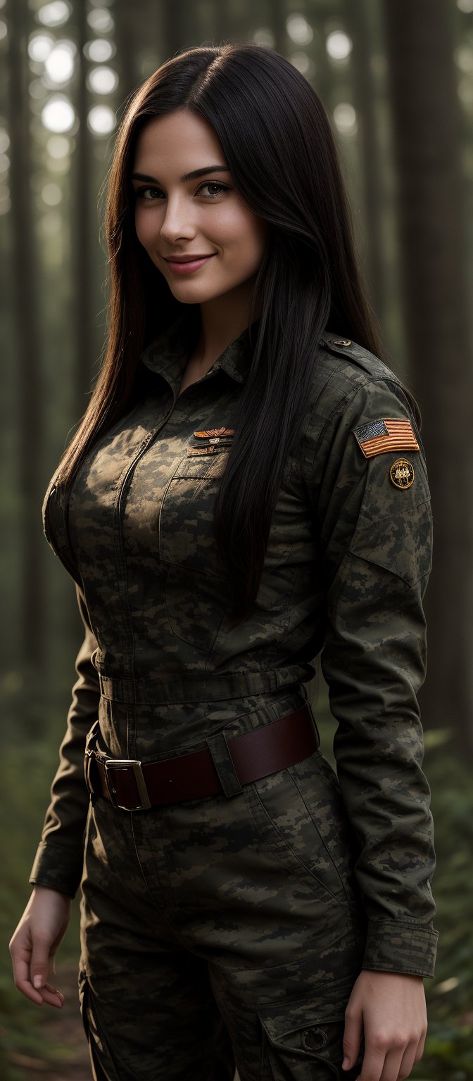 Generate hyper realistic image of a woman with long, straight, dark brown hair that flows freely down her back. She is wearing a full military uniform in camouflage pattern, which includes a long-sleeved shirt and matching pants. The uniform fits snugly, emphasizing her curves. The outfit is complete with a belt and insignia on her sleeve. She has teasing smile while gazing at the wiewer. The background is set in forest.