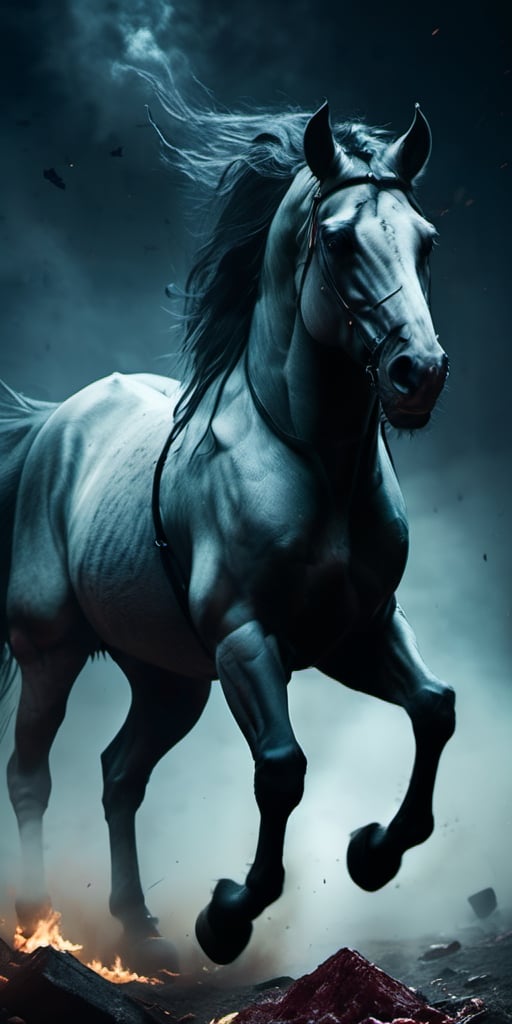 Create a Horse from hell running towards viewer, agressive, zombified,screeching, craving for human meat. cloudy night, sharp focus, highly detailed,