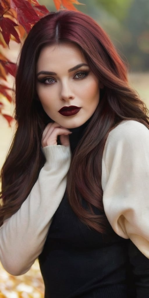 Generate hyper realistic image of a beautiful woman with lustrous chocolate brown hair cascading down to her waist. She wears a dark black sweater, and her long hair partially frames her face as she looks directly at the viewer. Adorned in gothic makeup with big dark red lips and a pale face, she stands outside in the crisp autumn air. With a confident smile, she emanates an enchanting gothic charm amid the fall foliage.