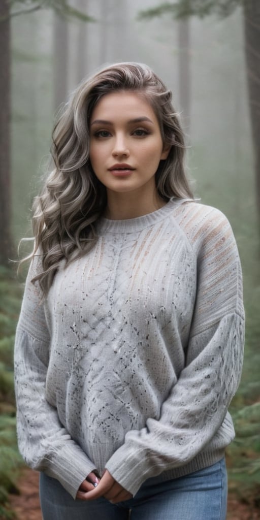 Generate hyper realistic image of a woman with silver-gray mermaid waves, donning a cozy oversized sweater, posing against a misty forest backdrop, creating an enchanting and ethereal scene in a portrait photography style.highly detailed, sharp focus.8k,photography style, ,more detail XL,Extremely Realistic,aesthetic portrait,Sexy