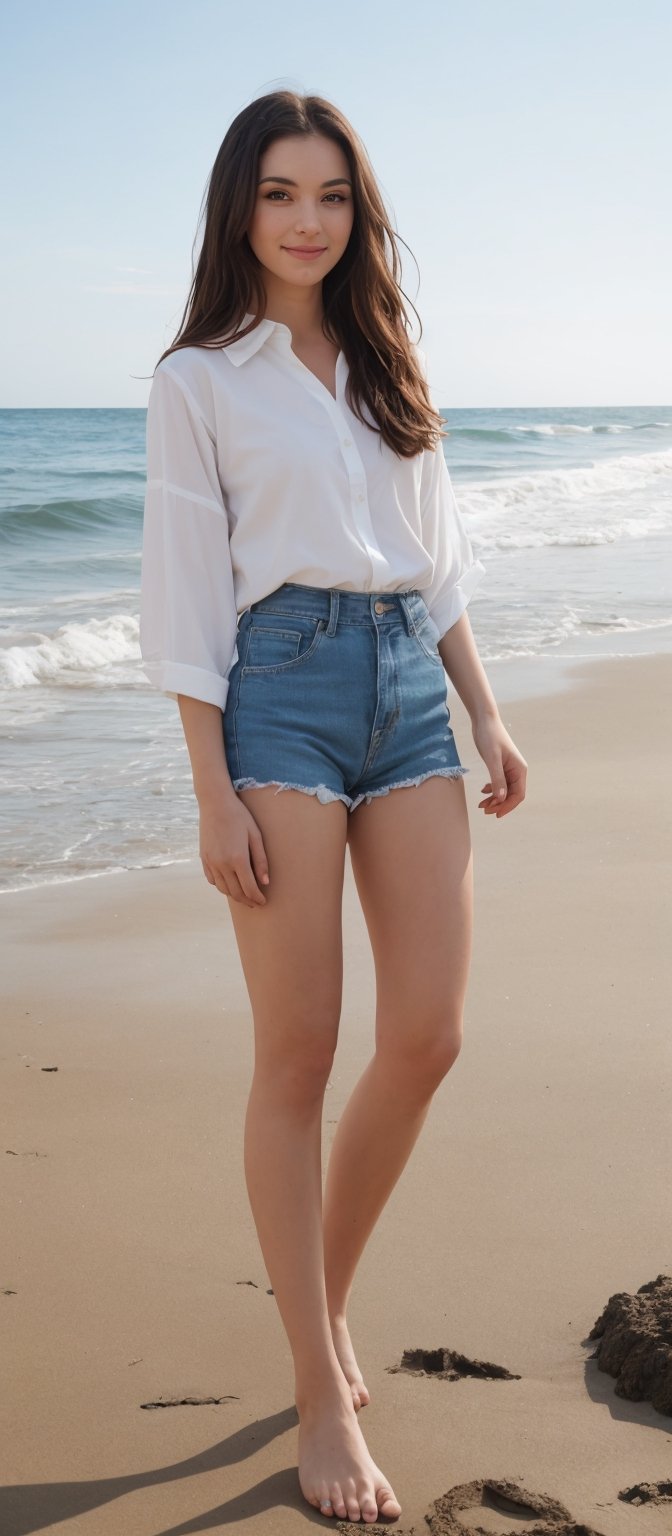 Generate hyper realistic image of a woman with long, flowing brown hair sits on the sandy beach, her blue eyes glistening as she looks directly at the viewer with a warm smile. Her slim waist and full body are accentuated by a white shirt and denim shorts, showcasing her long legs and bare feet. The ocean waves gently kiss the shore behind her, adding a serene backdrop to the picture-perfect moment.