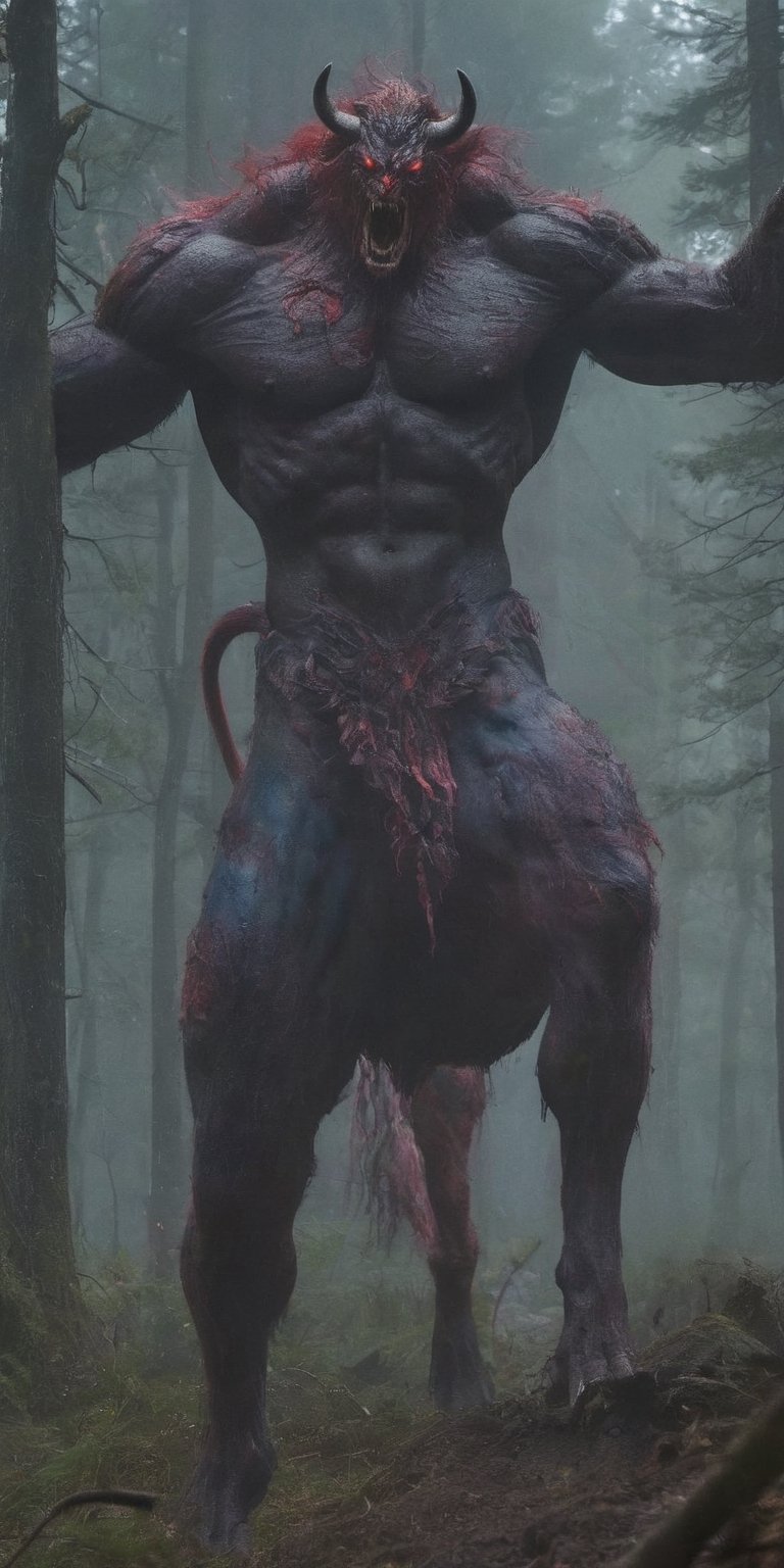 create a hyper realistic image of colossal centaur destroying village. huge strong body covered with fur, scaled body , red eyes,  thick skin, red and blue aura , death, scary, background of forest, high_resolution, highly detailed, sharp focus.8k,More Detail,silent hill style,monster