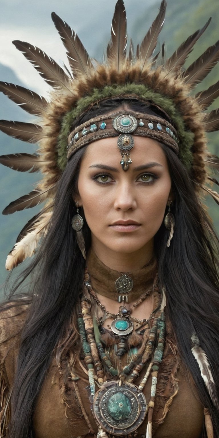 Generate hyper realistic image of a Nordic shaman dressed in earthy tones, her long, ebony hair adorned with feathers. With deep forest-green eyes, she stands atop a mountain, communing with nature and invoking the spirits of the ancient land. upper body shot,Extremely Realistic